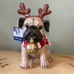 Humane Soc Pug Reindeer Antlers Snowflake Ornament Holiday Winter Statue NEW NWT